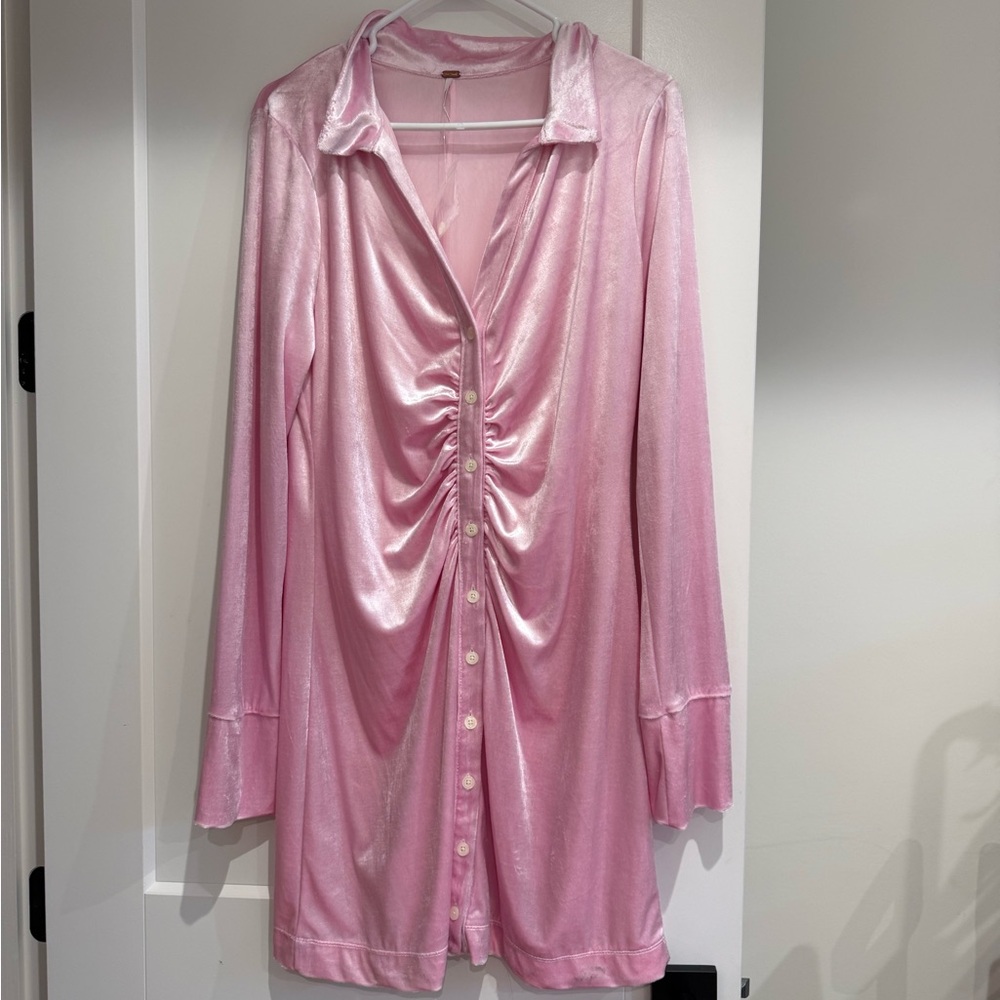 Free People Shimmer Pink Ruched Satin Button-Front Sleep Shirt